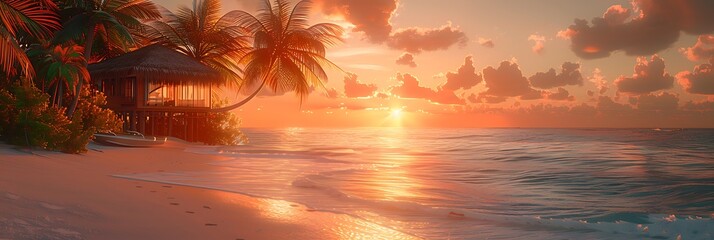 Little rotan beach lounge house on a white tropical beach with beautiful sun set view in a orange glowing setting with sun flare and Palm tree realistic nature and landscape