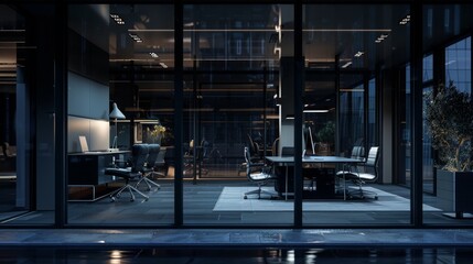 dark gray office interior with coworking and glass conference room, panoramic window