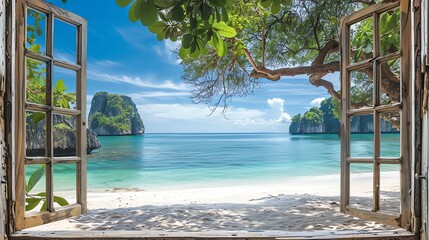a view of the beautiful beach and sea from an open window with wooden frames, thailand landscape, blue sky, green trees, white sand, rocks in background, nature photography, natural light, tropical vi