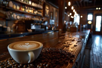 Cup of coffee with heart shaped latte art with coffee beans in coffee bar