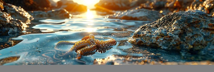 Little octopus crawls between the stones in low tide sea water and the beautiful sunrise realistic...