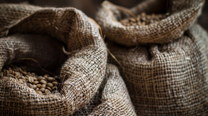 A detailed image of burlap sacks overflowing with raw coffee beans, suggesting aroma and quality