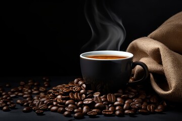 Cup of freshly brewed coffee with coffee beans around the cup dark background