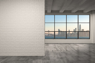 Obraz premium Downtown San Francisco City Skyline Buildings from High Rise Window. Beautiful Expensive Real Estate. Empty room Interior. Mockup wall. Skyscrapers Cityscape. Sunset California. 3d rendering