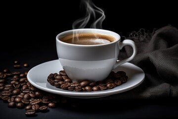 Obraz premium White cup of fresh coffee and a black burlap with coffee grains nearby on dark background