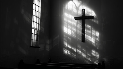 Naklejka premium Monochromatic photo of a cross shadow cast on a church's interior wall, highlighting religious symbolism