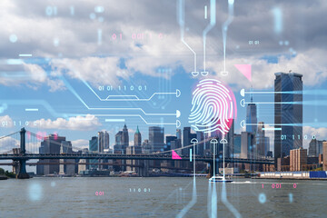 Double exposure of a fingerprint hologram over the New York City skyline, symbolizing technology and security concept. Double exposure