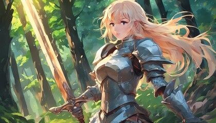 Medieval Elegant Anime Female Knight with Armor, Shield, and Sword in the Forest Wallpaper Illustration