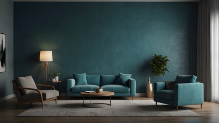 Modern interior of lounge and living room design and blue wall background.