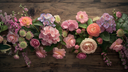 Decorative composition of hydrangeas, ranunculus and peonies on a wooden background, for rustic or shabby chic decor themes