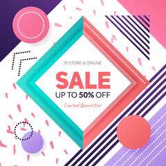 Square Sale banner with geometric shapes, lines, dots. Background in Memphis style for promotion, social media post, advertising, Summer Sale, Black Friday. Vector template.