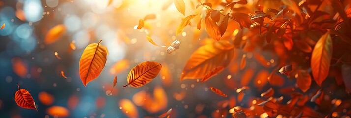 Lively closeup of falling autumn leaves with vibrant backlight from the setting sun realistic...