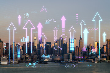 New York cityscape at dusk with futuristic holographic overlays of graphs and symbols. Double...