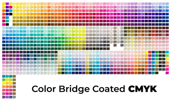 Color Bridge Coated CMYK. Color Chart. Print Test Page. Color Numbers or Names. RGB, CMYK, Pantone. Vector color palette.
