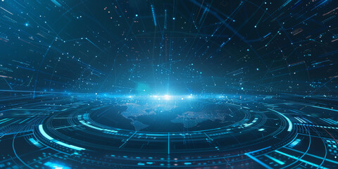 Digital world map on blue tech background - Detailed digital world map on a blue technological background with glowing light points depicting global data networks