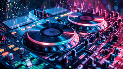 Vibrant DJ turntable in neon lights - Detailed image of a DJ turntable illuminated by vibrant neon lights, capturing the dynamic energy of live electronic music