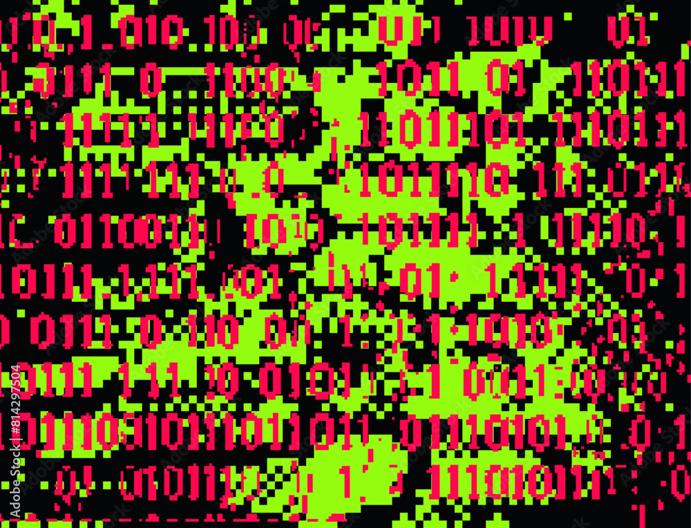 Aufkleber Glitched and distorted dark background with collapsing binary code. Vector abstract illustration on the theme of technology and science.