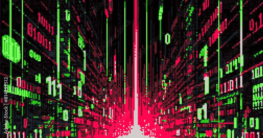 Poster Abstract neon green and red background with glitched binary code.