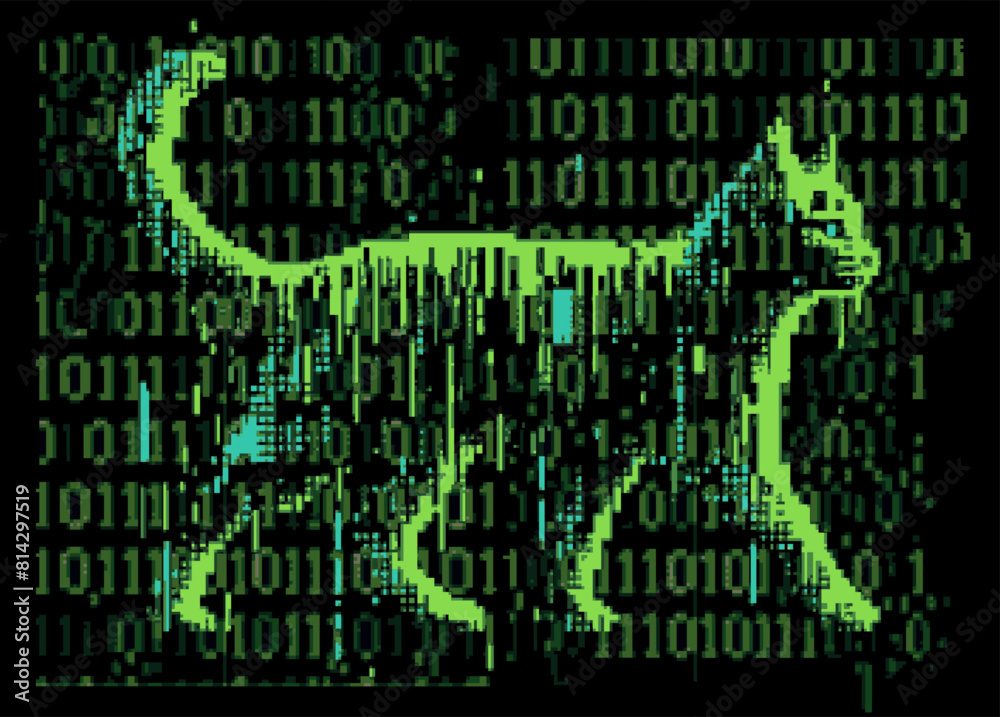 Poster pixel art futuristic style vector illustration of a cat silhoutte moving in and through visual noise