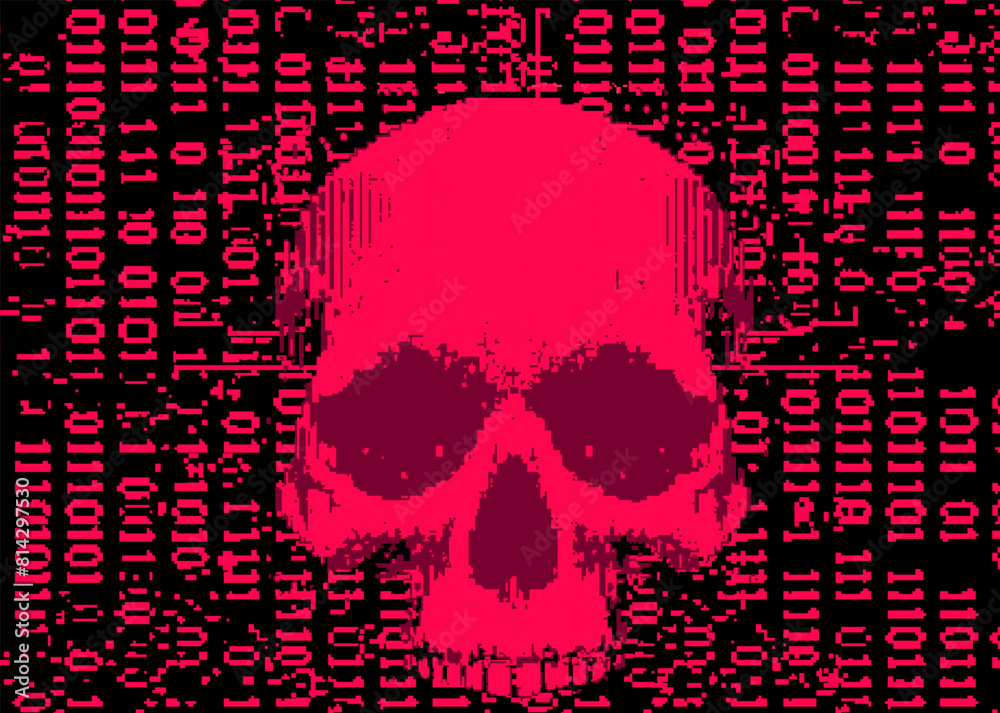 Aufkleber Red skull on a glitchy pixelated background with binary code. The concept of cybersecurity and malware.