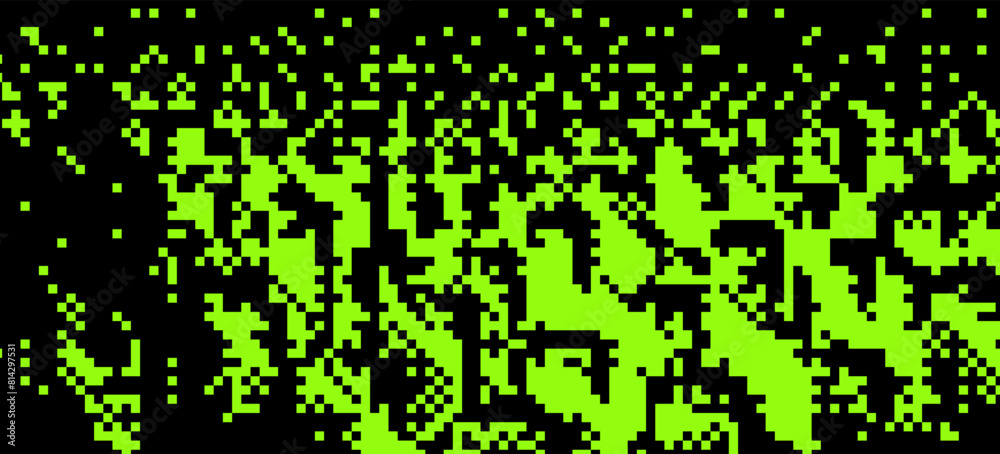 Poster abstract glitchy background with random pixel noise. vector illustration in green and black colors.