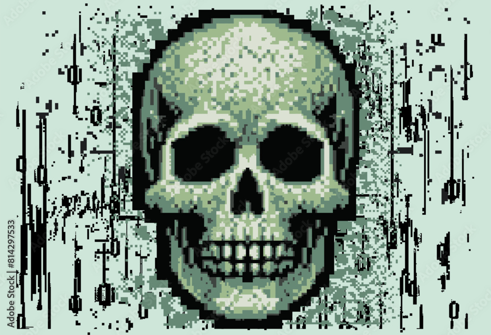 Poster skull on a glitchy pixelated background. the concept of cybersecurity and malware.
