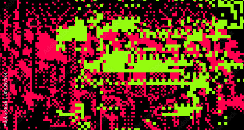 Poster Abstract glitchy background with random pixel noise. Vector illustration in green and red colors.