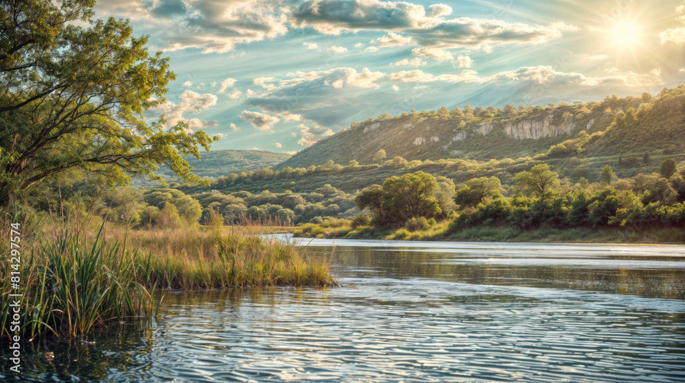 Wall mural Sunset over the river in the summer. Beautiful summer landscape.