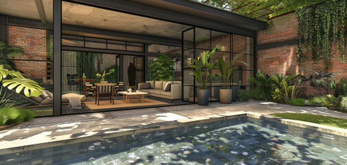 modern house with garden and swimming pool, open roofed terrace, with grey metal window frames
