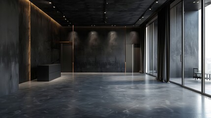 Modern photo studio with dark background, professional lighting, and sleek flooring. High-end photography environment. Generative Ai