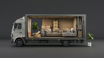 Mock up truck with home furniture delivery, dark gray background relocation and moving