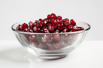 a clear bowl of pomegranates on white background