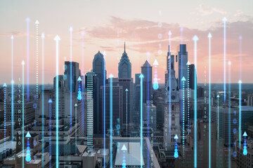 Philadelphia skyline with digital holographic overlays, depicting technology and future concepts on...
