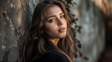 Naklejka premium Portrait of a beautiful young woman with long wavy hair.