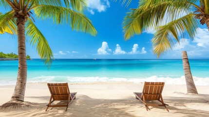 Beautiful beach. Chairs on the sandy beach near the sea. Summer holiday and vacation concept for tourism. Inspirational tropical landscape.