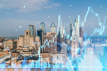 Philadelphia skyline with futuristic holographic overlay of graphs and numbers, under daylight....