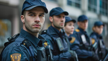 Security personnel in formation at urban location - Police-like security personnel stand in formation with a serious demeanor in an urban setting