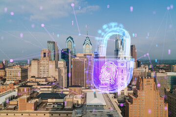 Philadelphia cityscape with a futuristic hologram of a fingerprint and digital elements overlaying the image. Concept of security technology in urban environments. Double exposure - Powered by Adobe