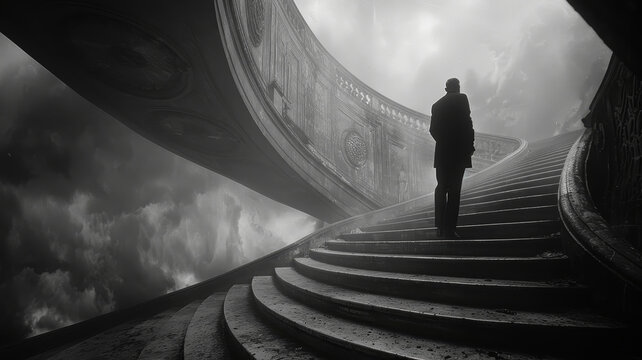 Man ascending misty monochrome spiral stairs - Mysterious man in silhouette walking up a grand spiral staircase enveloped in mist - Powered by Adobe