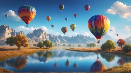 Fototapeta premium Hot air balloons fly over the fantasy world with castle, river and waterfalls. For Desktop Wallpaper Background