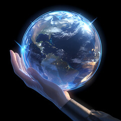 A vivid depiction of human care for our planet, this image portrays hands delicately holding a vibrant and detailed Earth globe as it spins. A powerful metaphor for environmental stewardship and