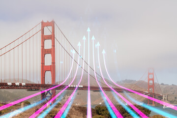 Double exposure of the Golden Gate Bridge with holographic data arrows overlay. Cityscape and technology concept. Double exposure