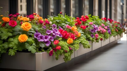window, boxes, flowers, vibrant, bloom, close-up, downtown, skyscraper, urban, gardening, landscape, architecture, planter, packed, colorful, flora, cityscape, high-rise, buildings, greenery, botanica