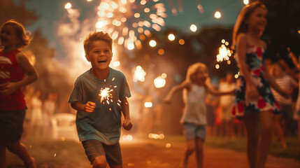 A group of children are running through a field with fireworks