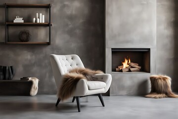  Accent chair with fur throw against concrete wall with fireplace. Loft home interior design of modern living room. 