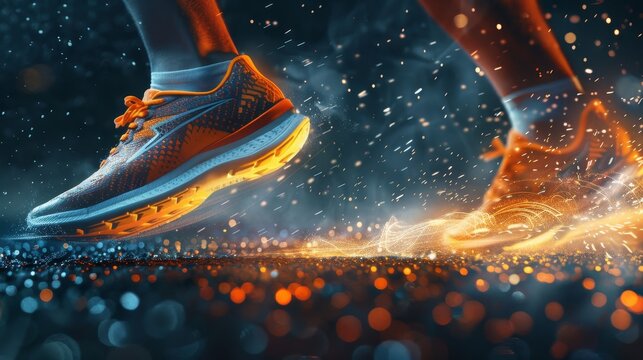 Action-packed close-up of running shoes in a sprint, emphasizing the speed and precise coordination, with a focus on clarity for ads