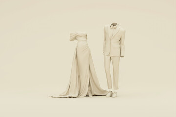 Wedding Dress Mannequin. Bride Groom Wedding Mannequin model stand. Romantic creative composition.White and pastel beige background. 3d render