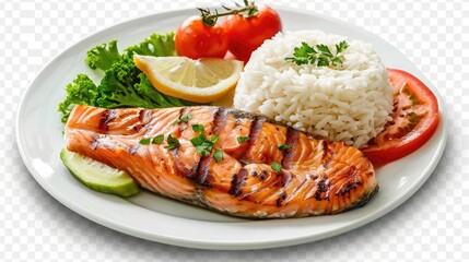 plate of grilled salmon steak, rice and vegetables isolated on transparent background, top view, aesthetic look