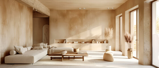 Airy and bright minimalist living room with beige walls, sparsely furnished with mid-century modern touches,