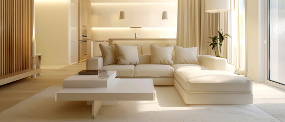 Beige and white living room with a clean, minimalist style, showcasing understated elegance and simplicity,
